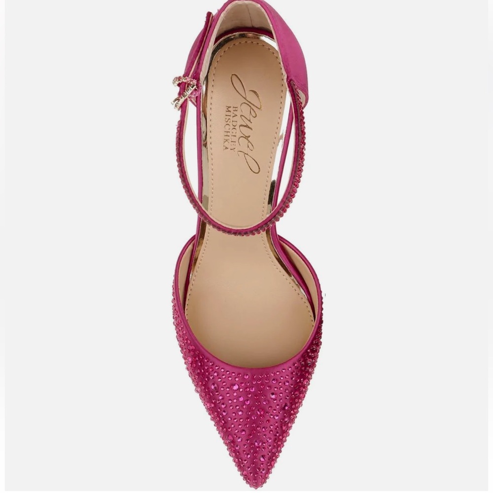 Pink Satin Rhinestone Pointed Toe Heels - Picture 2 of 4